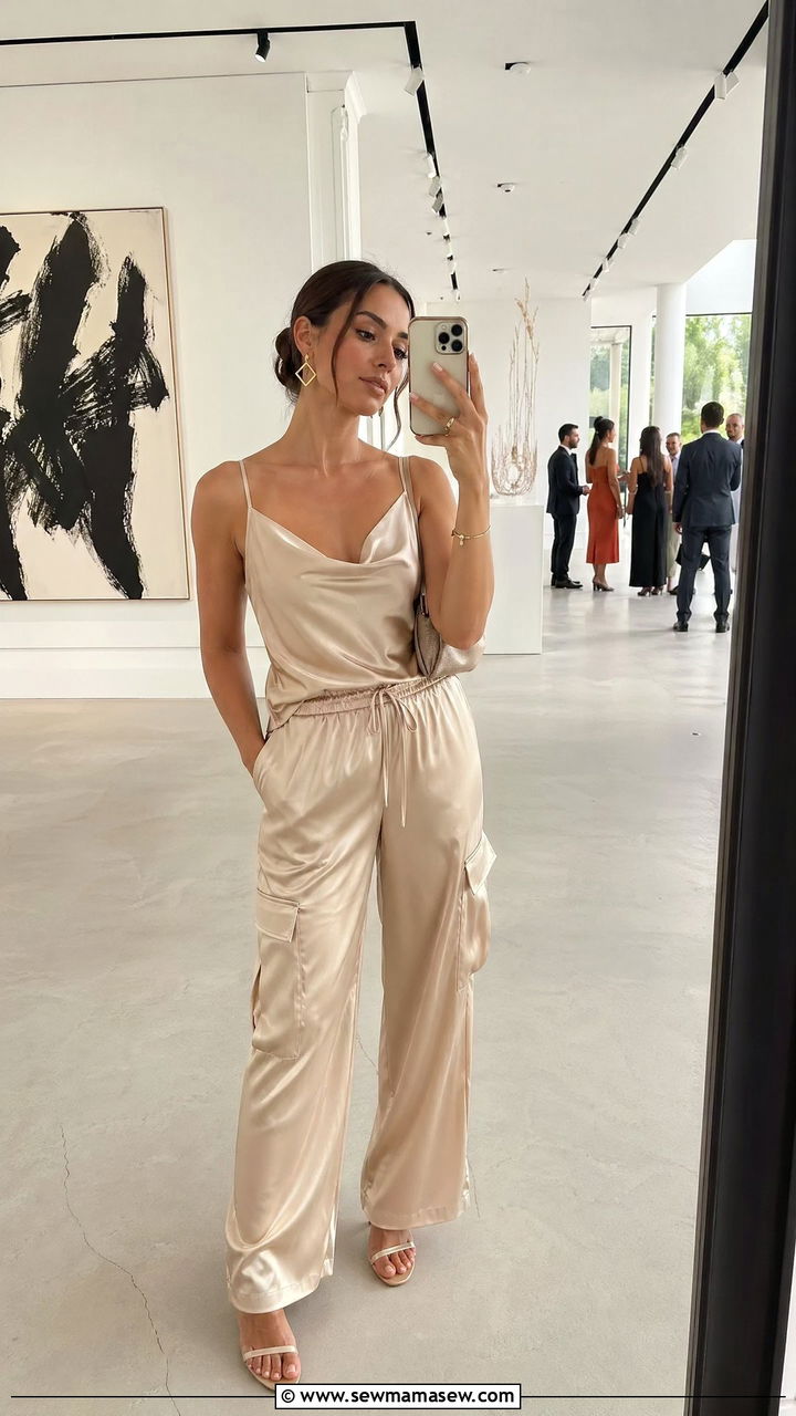 Satin cargo pants with satin camisole and heeled sandals - 35 Casual wedding guest outfit ideas