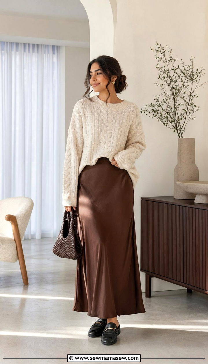 Satin maxi skirt with oversized knit and loafers outfit - 35 Modest work outfit ideas