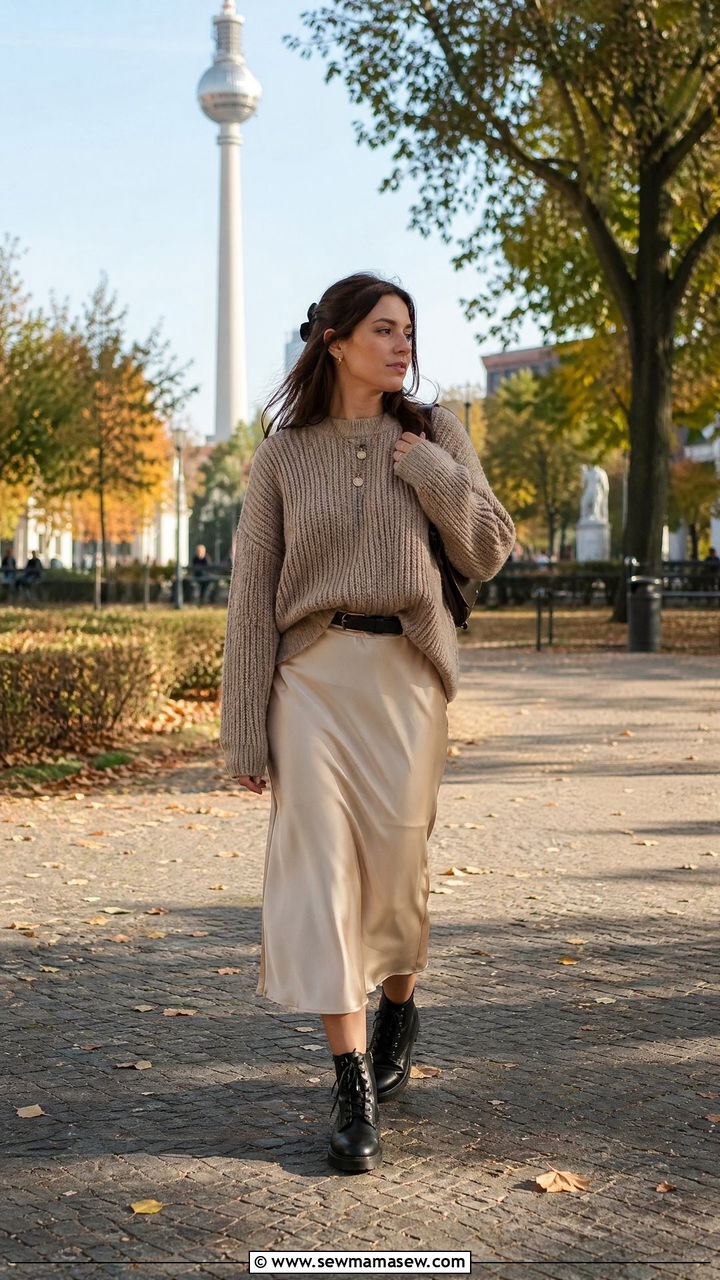 Satin midi skirt with a chunky knit and combat boots - 40 What to wear in Berlin