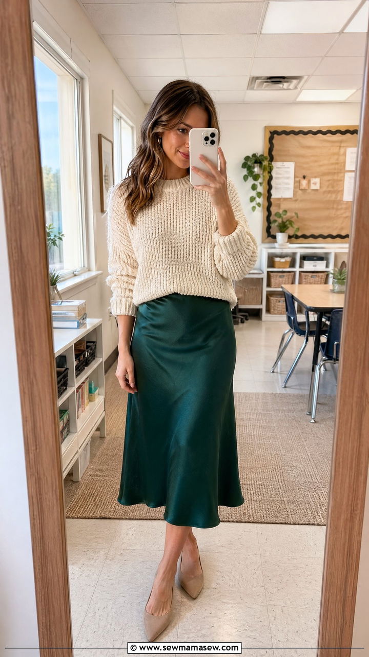 Satin midi skirt with chunky knit sweater - 35 Teacher outfits for spring