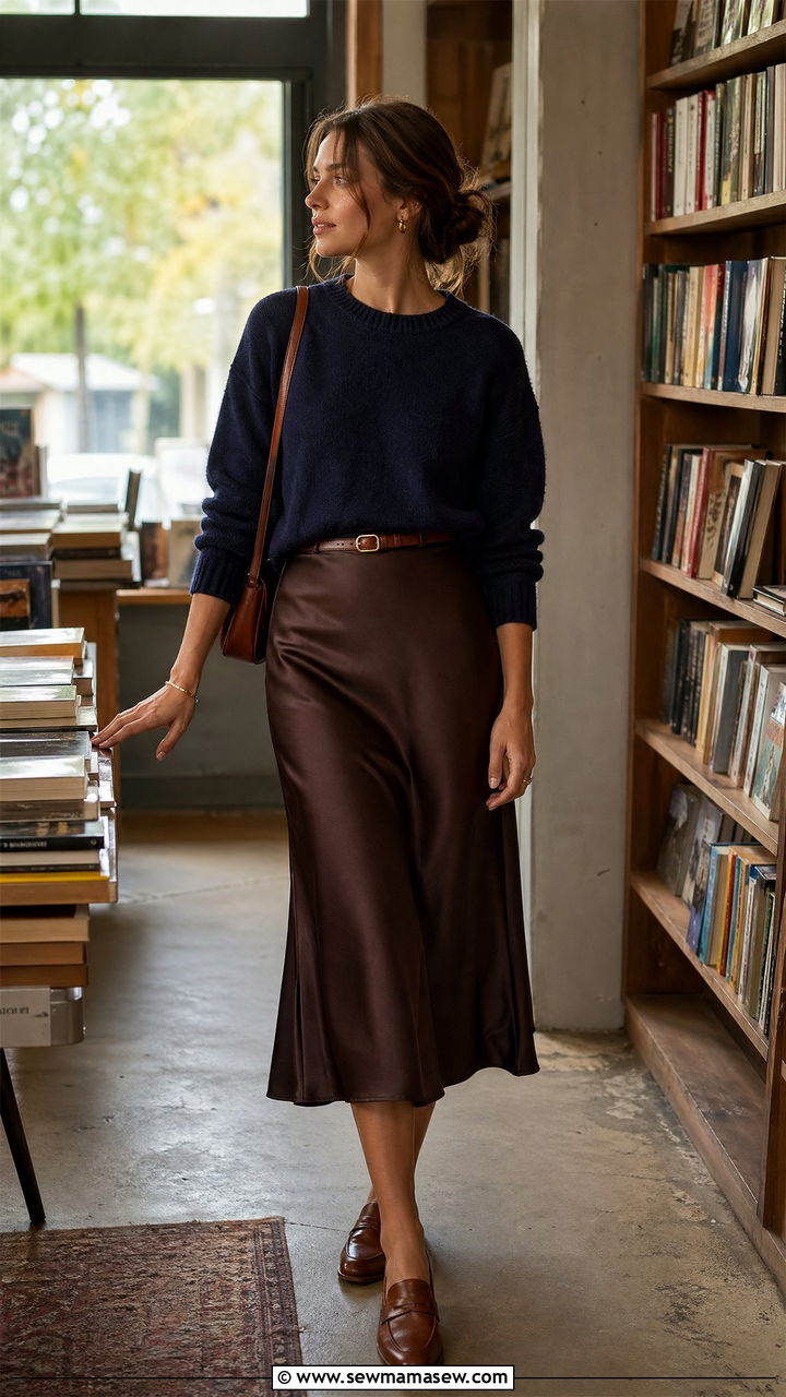 Satin midi skirt with cotton sweater and leather loafers - 35 Transitional wardrobe ideas