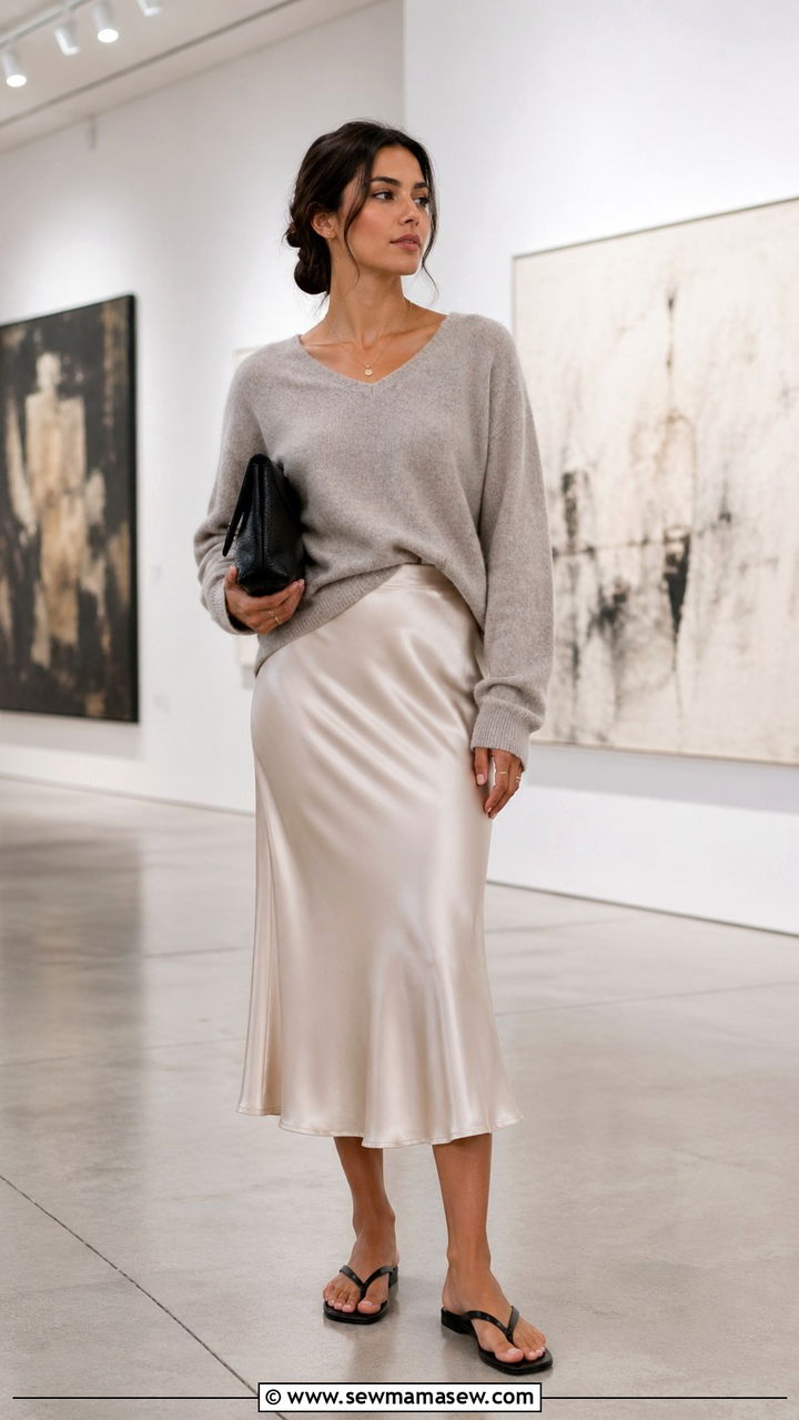 Satin midi skirt with minimalist thong slide sandals - 30 Slide sandal outfit ideas