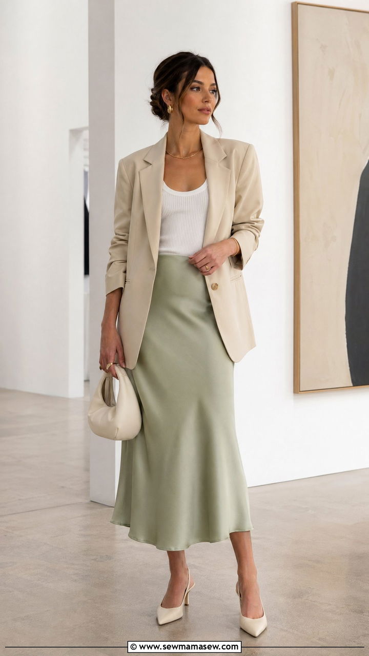 Satin midi skirt with oversized blazer - 35 spring smart casual outfit ideas