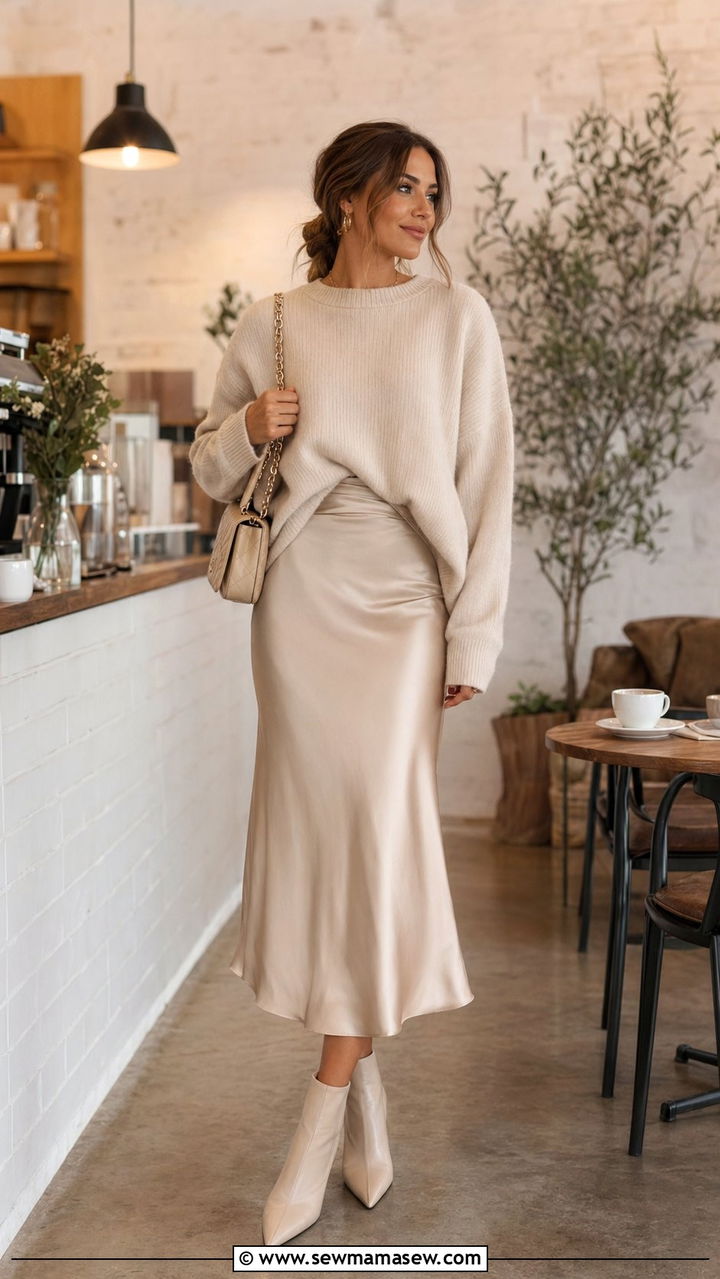 Satin midi skirt with oversized sweater - 35 Outfit ideas for women in their 30s
