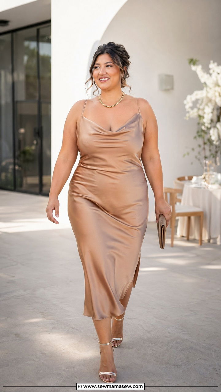 Satin midi slip dress outfit - 35 Curvy girl wedding guest outfits