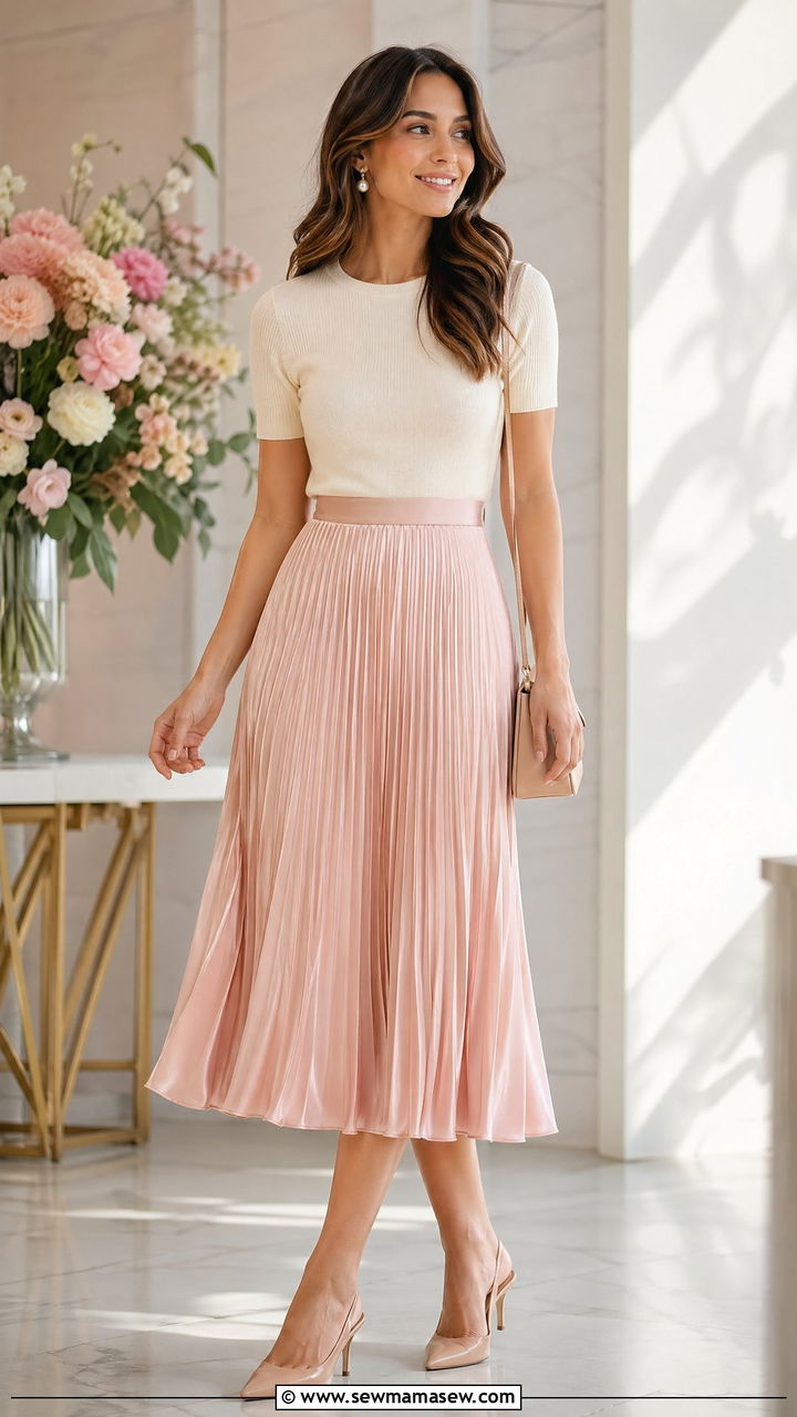 Satin pleated skirt with knit top - 35 Spring outfits for working moms