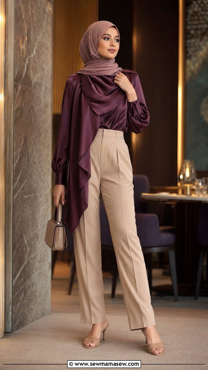 Satin scarf top with high waist trousers - 35 Modest outfit ideas for hijabis