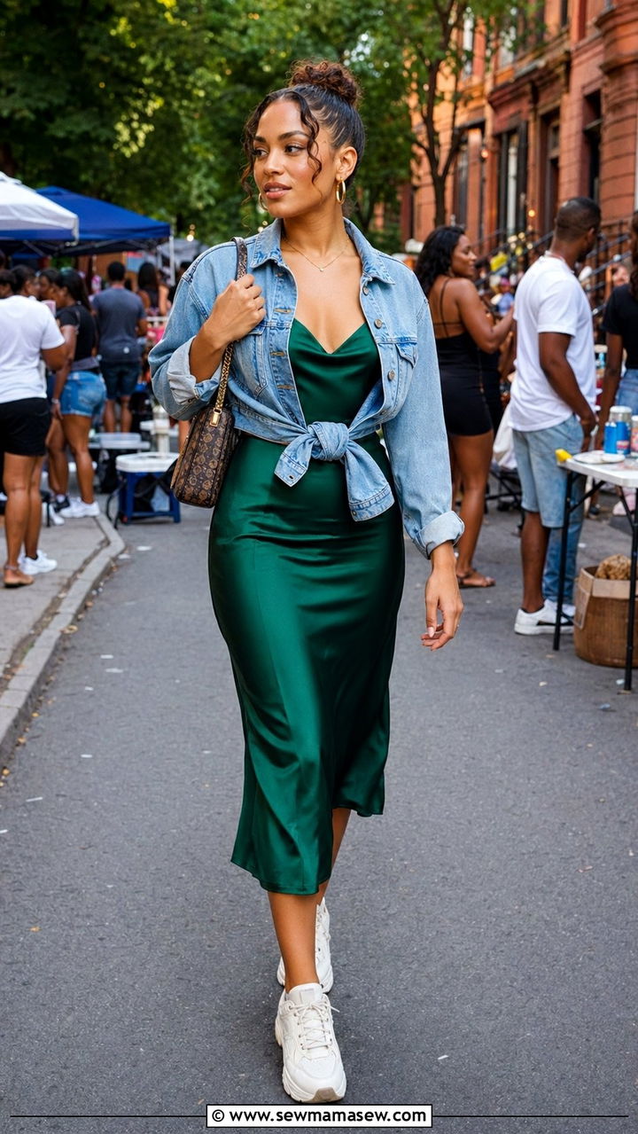 Satin slip dress with chunky sneakers - 30 Block party outfit ideas