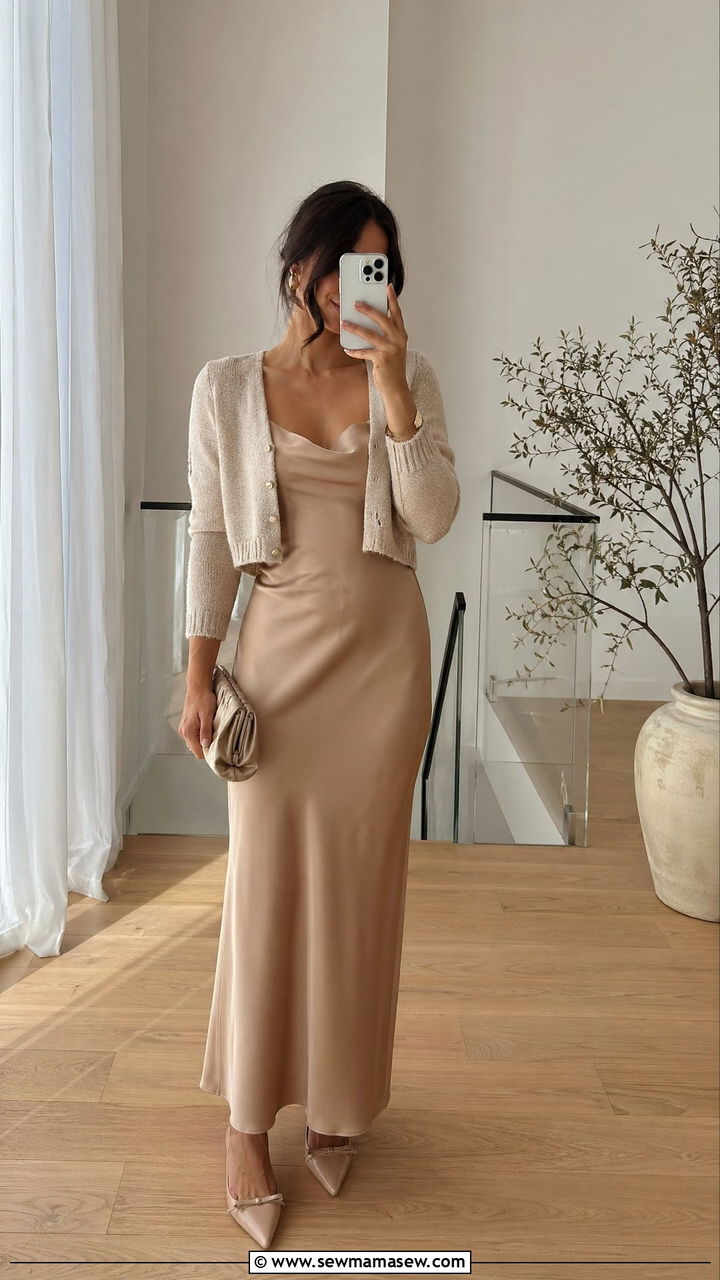 Satin slip dress with kitten heels - 35 Casual wedding guest outfit ideas