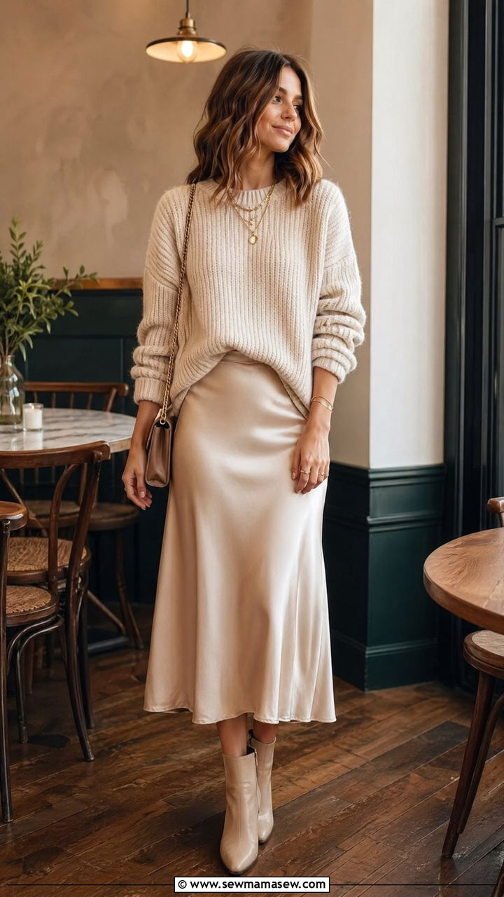 Satin slip skirt and chunky knit sweater outfit - 35 classy outfits 2026