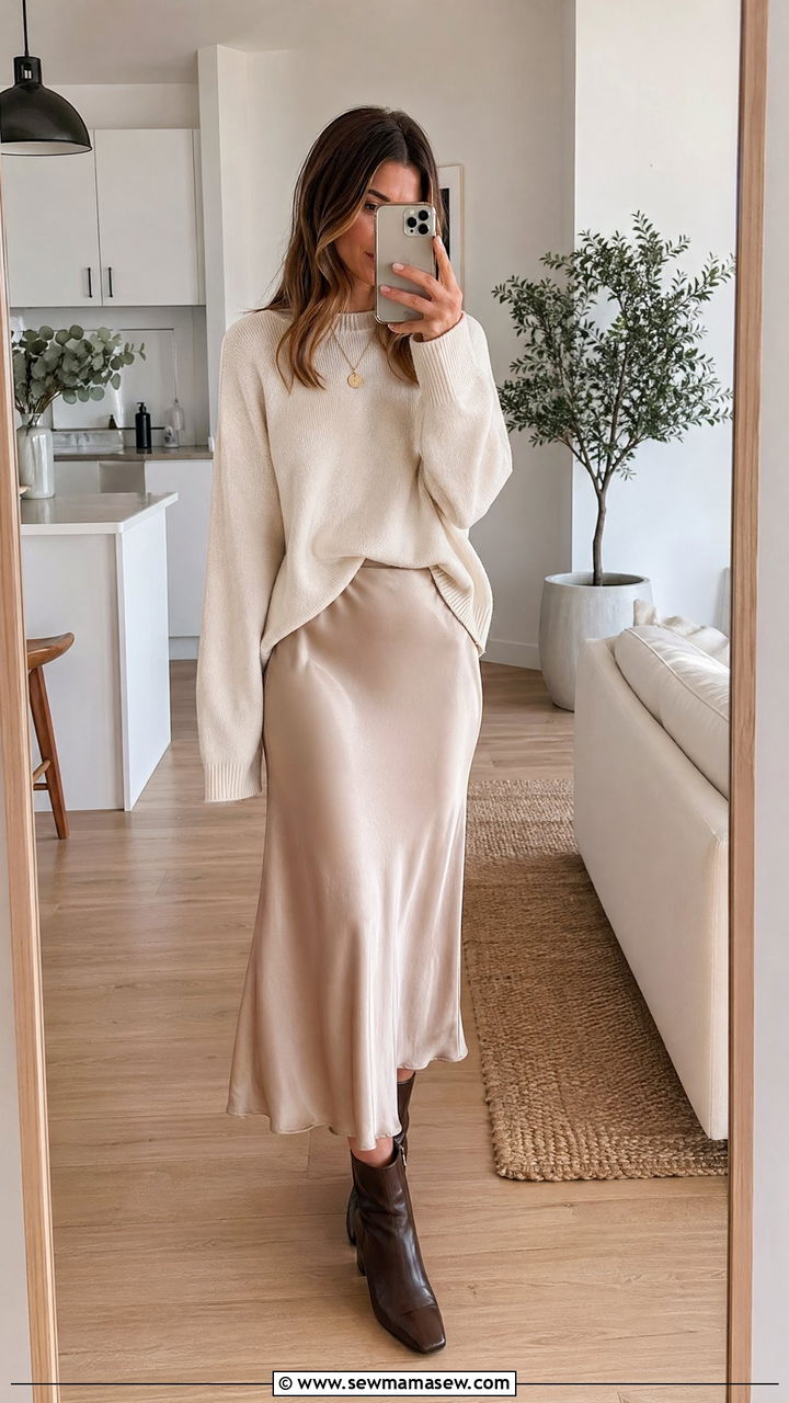 Satin slip skirt and sweater outfit - 35 Spring outfits for young women