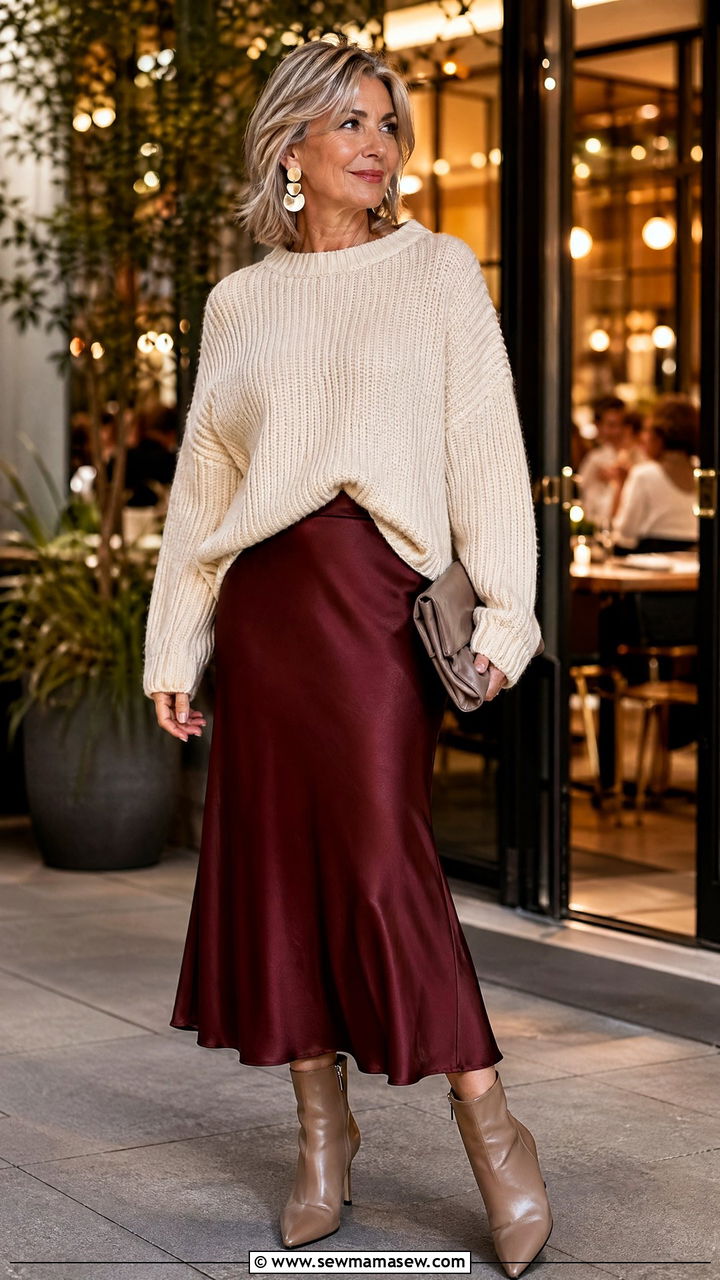 Satin slip skirt with chunky knit sweater - 35 Skirt outfit ideas for women over 50