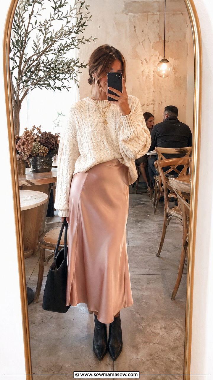 Satin slip skirt with chunky knit sweater and boots - 35 classy travel outfit ideas