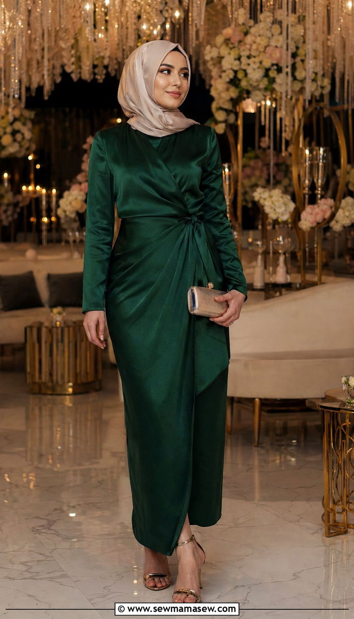 Satin wrap dress and heels hijab outfit - 35 Modest outfit ideas with hijab