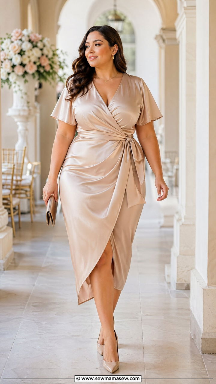 Satin wrap dress wedding guest look - 35 Curvy girl wedding guest outfits