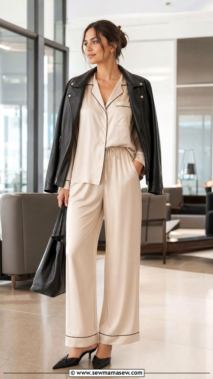 SatinTrim PajamaInspired Set - 30 Airport outfit ideas for red eye flight