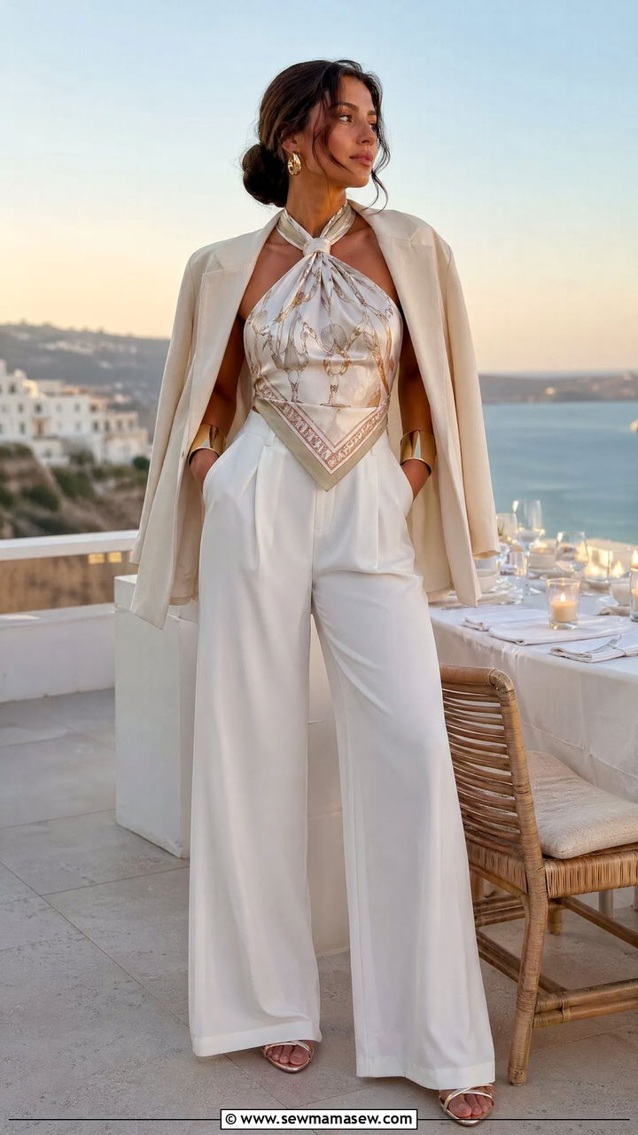 Scarf Top With White Wide Leg Trousers - 35 classy beach vacation outfits