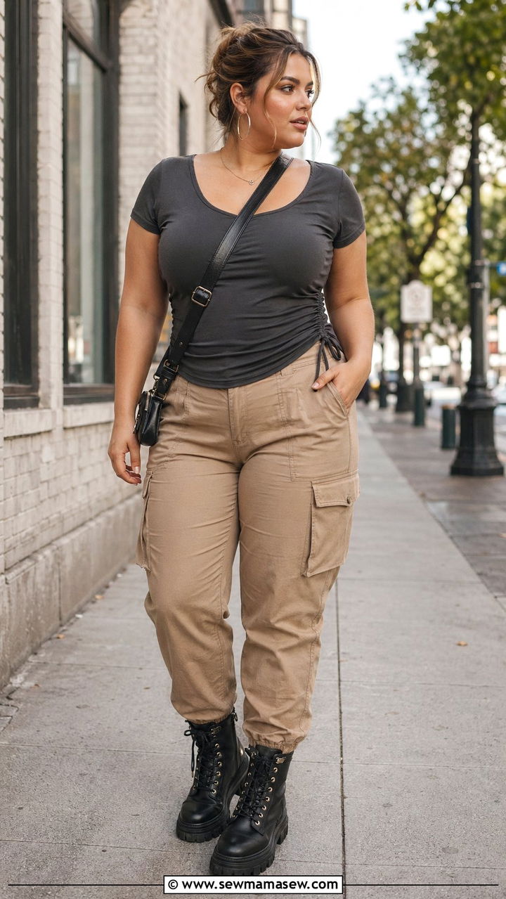 Scoop Neck Ruched Tee With Cargo Pants for Curvy Women - 30 Best tops for curvy women