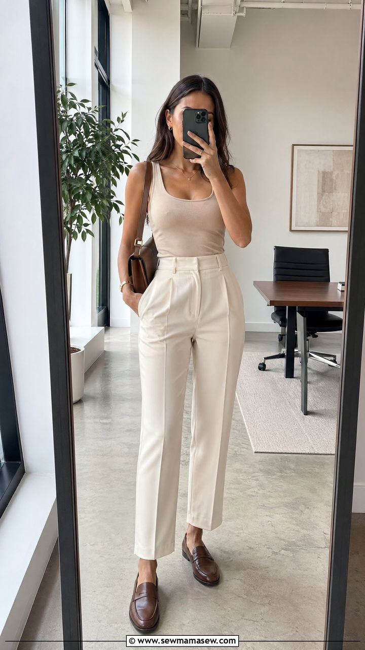 Scoop Neck Tank With Tailored Trousers and Loafers - 35 summer tank top outfit ideas