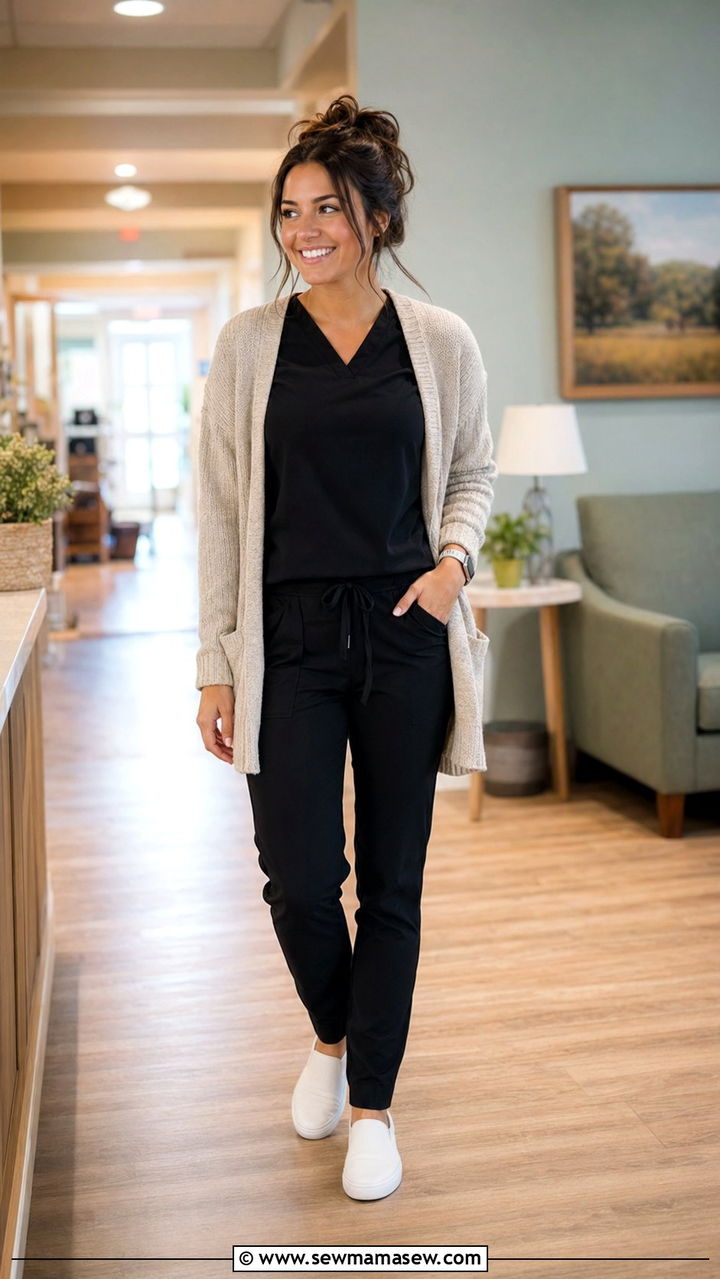 Scrubs with Cozy Cardigan - 35 Scrubs outfit ideas