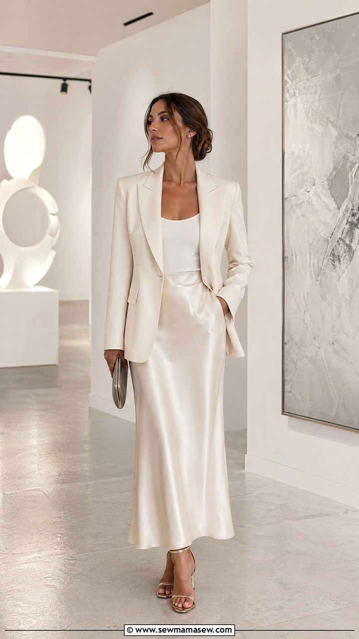 Sculpted Blazer With Silk Column Skirt - 35 spring quiet luxury outfit ideas