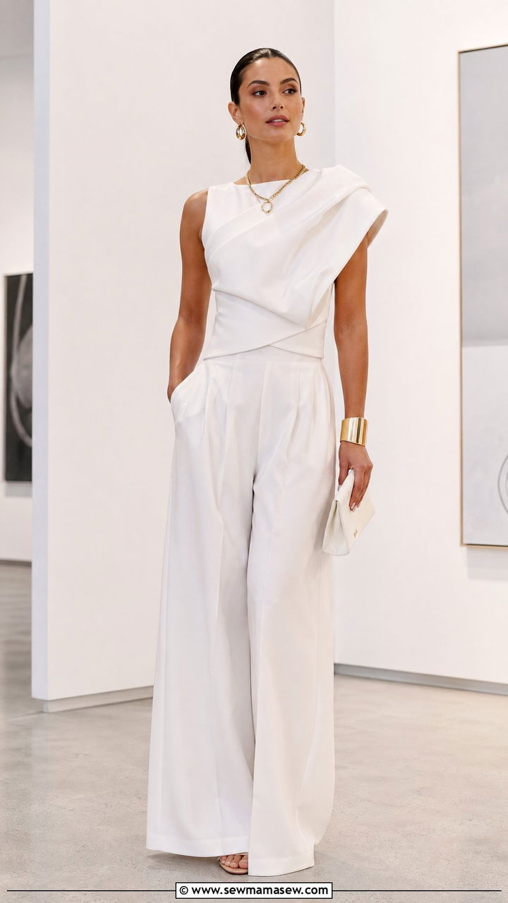 Sculptural White Top With Gold Accents and Wide Leg Trousers - 35 Clean girl outfit ideas 2026
