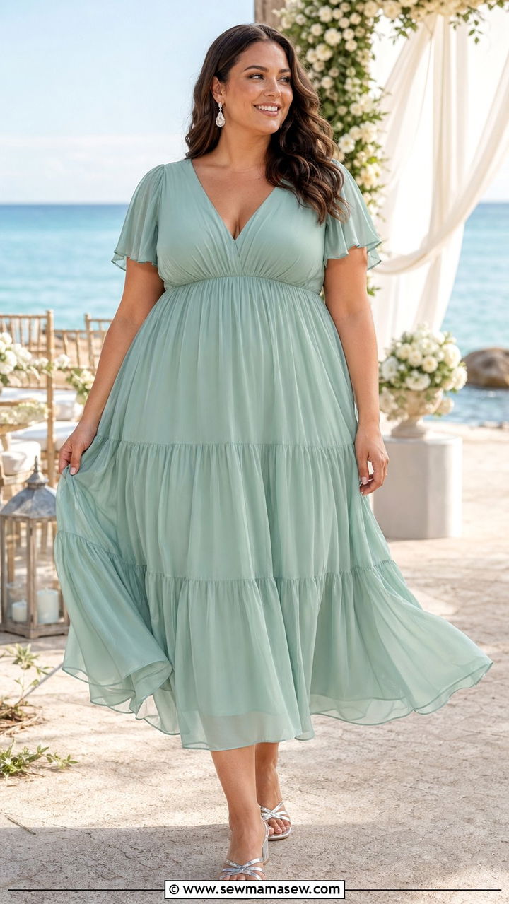 Seafoam Green Empire Waist Chiffon Dress With Silver Sandals - 30 wedding guest outfits for apple shaped body