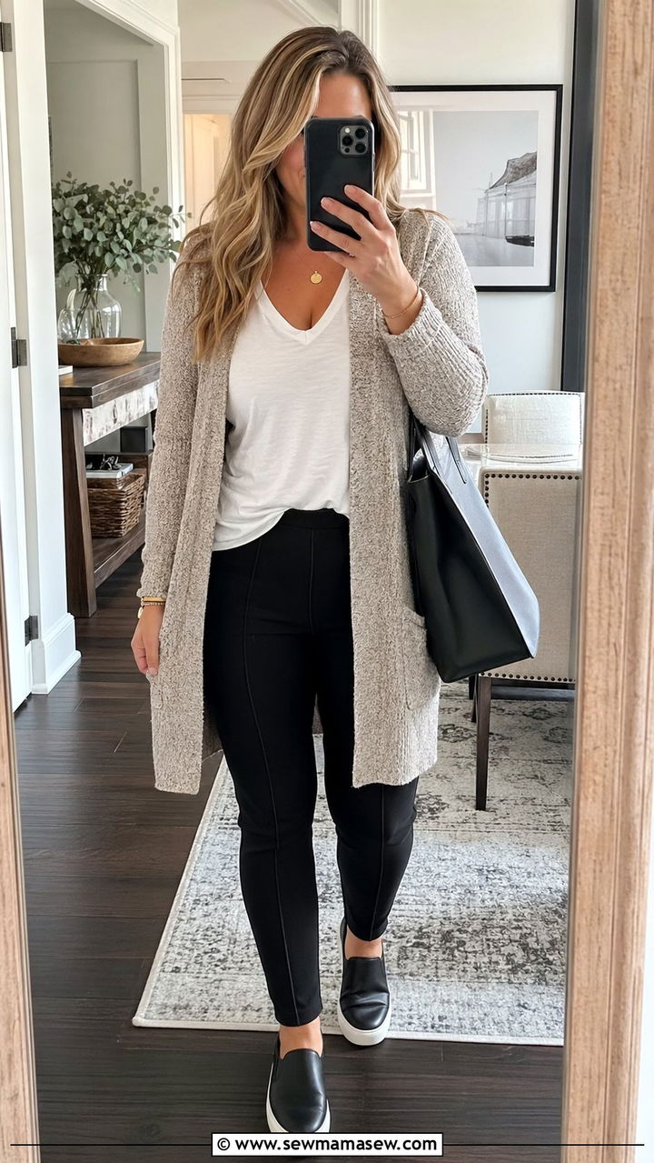 Seamed Ponte Pants With Long Cardigan - 30 Best pants for curvy women