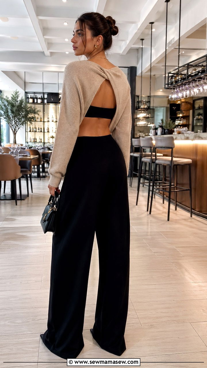 Seamless Sports Bra Under Open Back Sweater And Wide Leg Trousers - 30 sporty chic capsule wardrobe outfits
