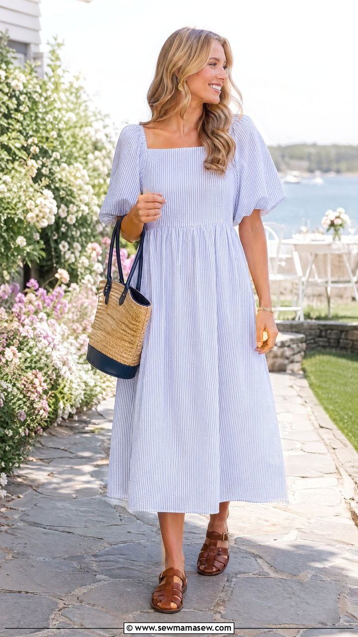 Seersucker midi dress and fisherman sandals coastal grandmother outfit - 35 coastal grandmother outfits ideas