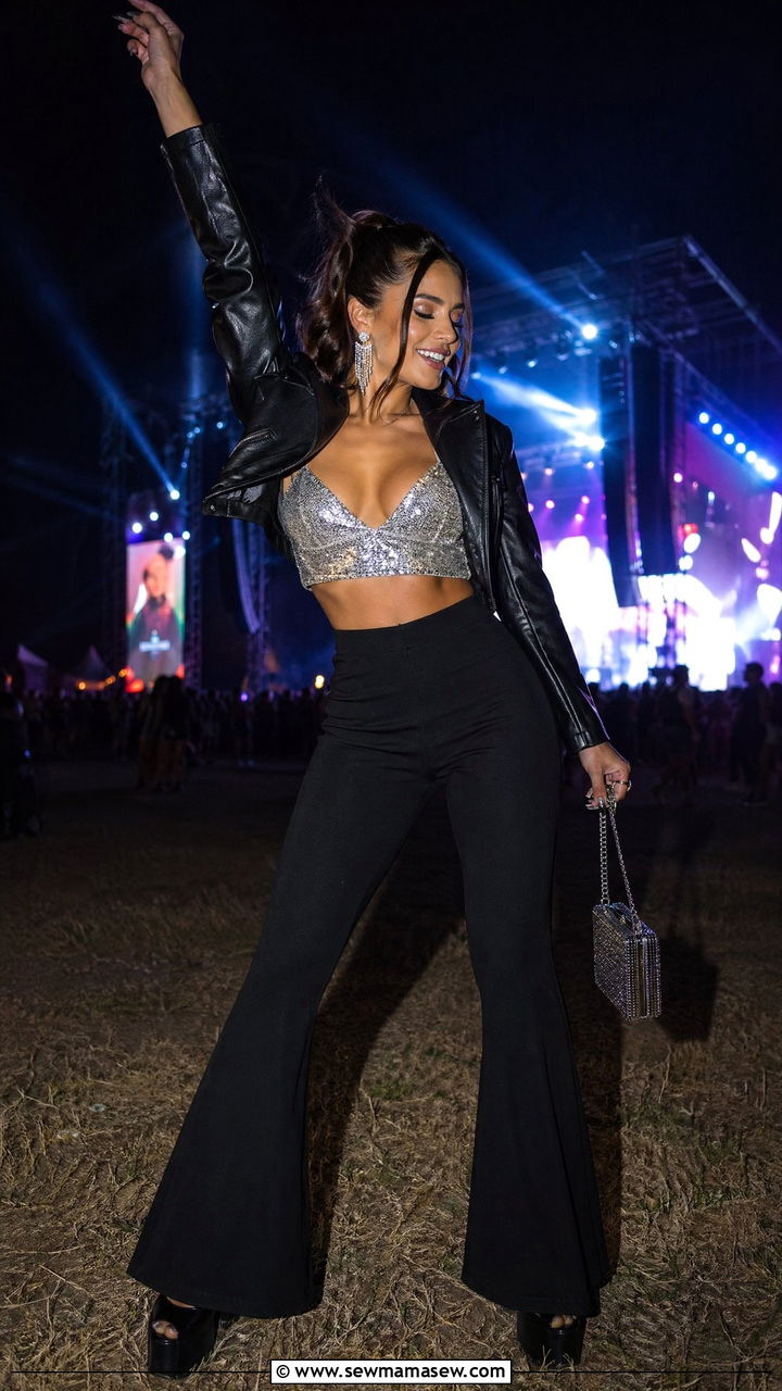 Sequin Bralette with Flared Pants Festival Outfit - 35 what to wear to a music festival