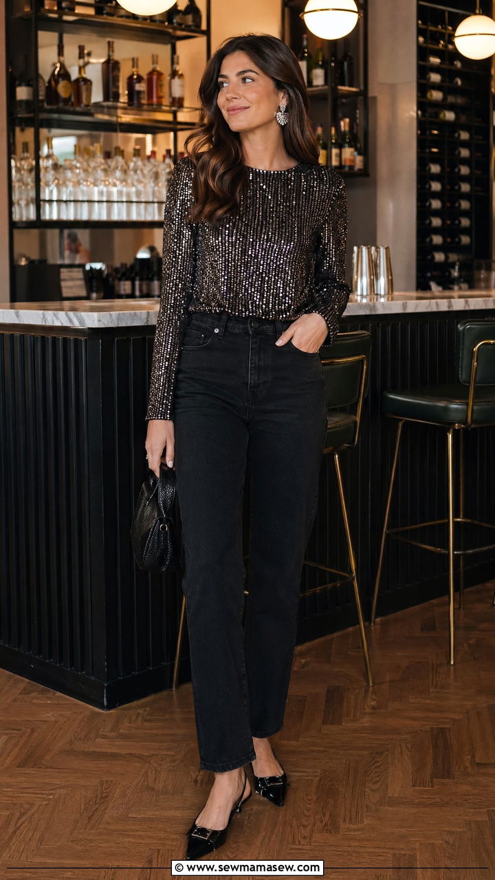 Sequin Detail Top With Black Jeans and Sleek Flats - 35 what to wear to dinner