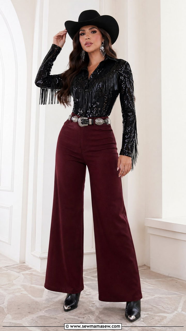 Sequin Fringe Top With Wide Leg Trousers - 35 western outfit ideas for women