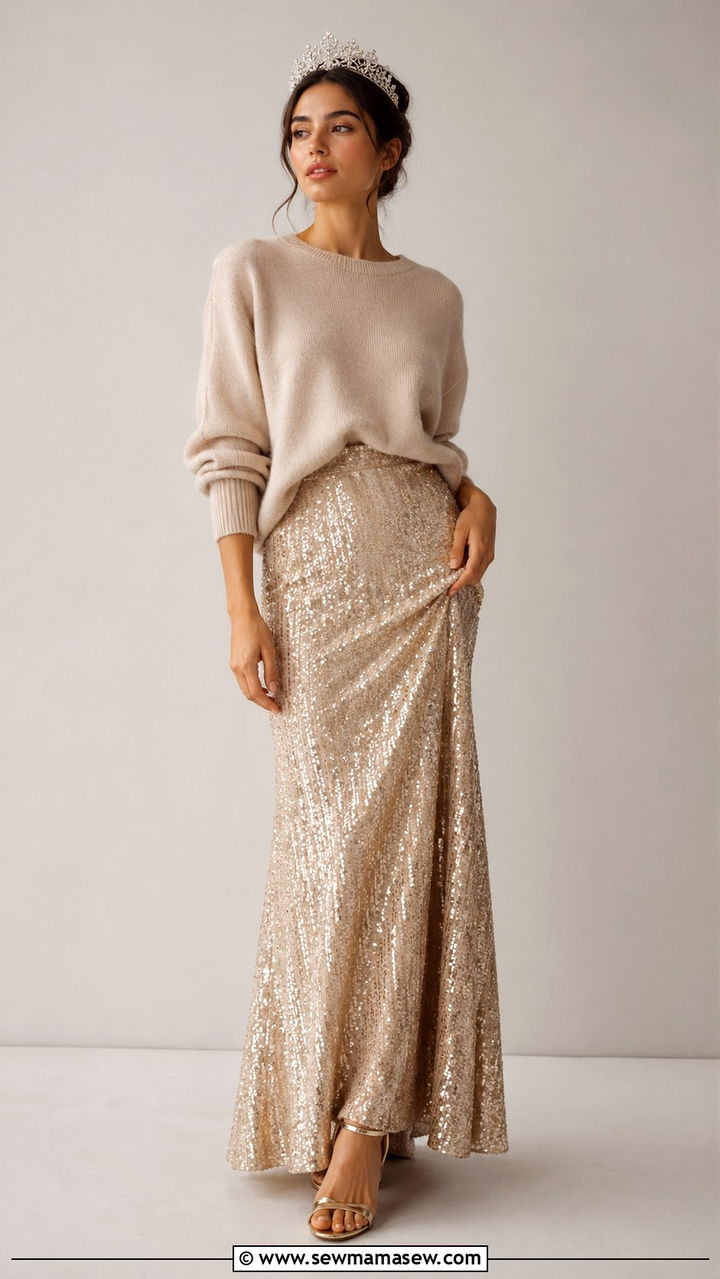 Sequin Maxi Skirt With Knit Sweater And Crown Smash Cake Outfit - 30 Smash the cake outfit ideas