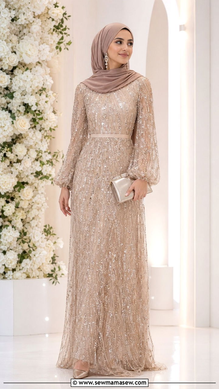Sequin Mesh Maxi Dress With Statement Jewelry - 30 wedding guest outfits for hijab women