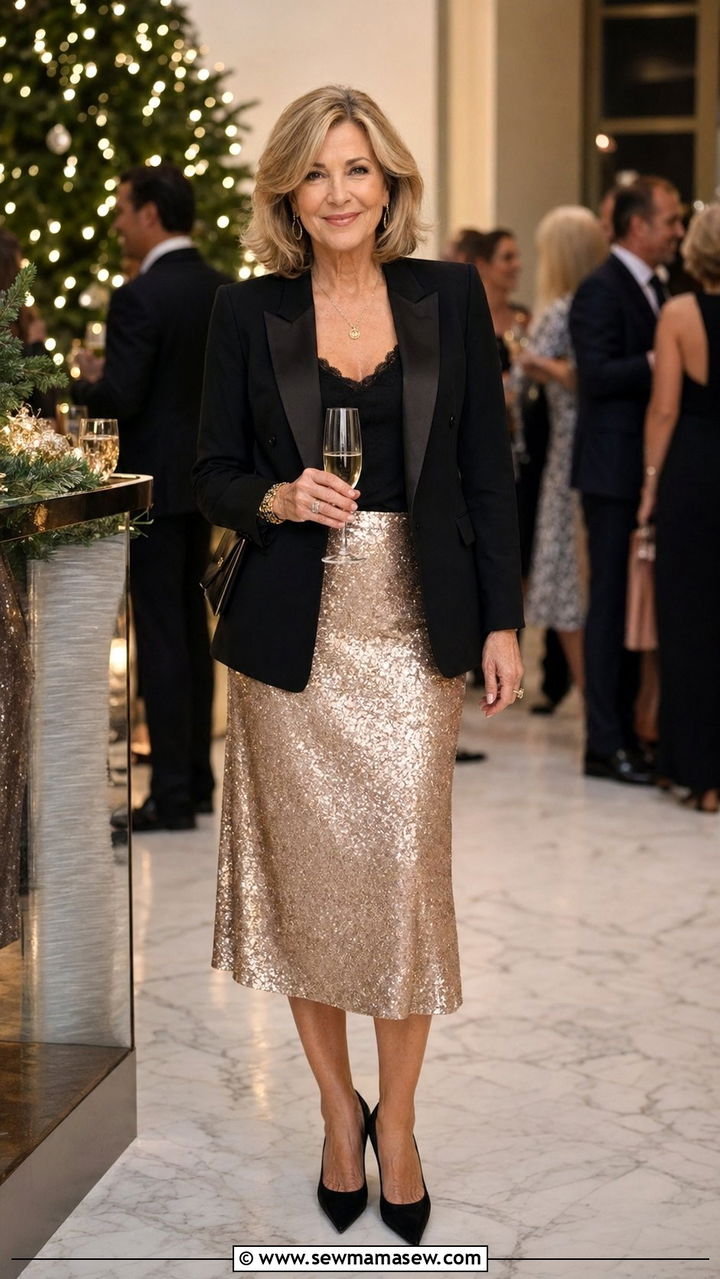 Sequin Midi Skirt With Black Blazer - 30 Best skirts for women over 50