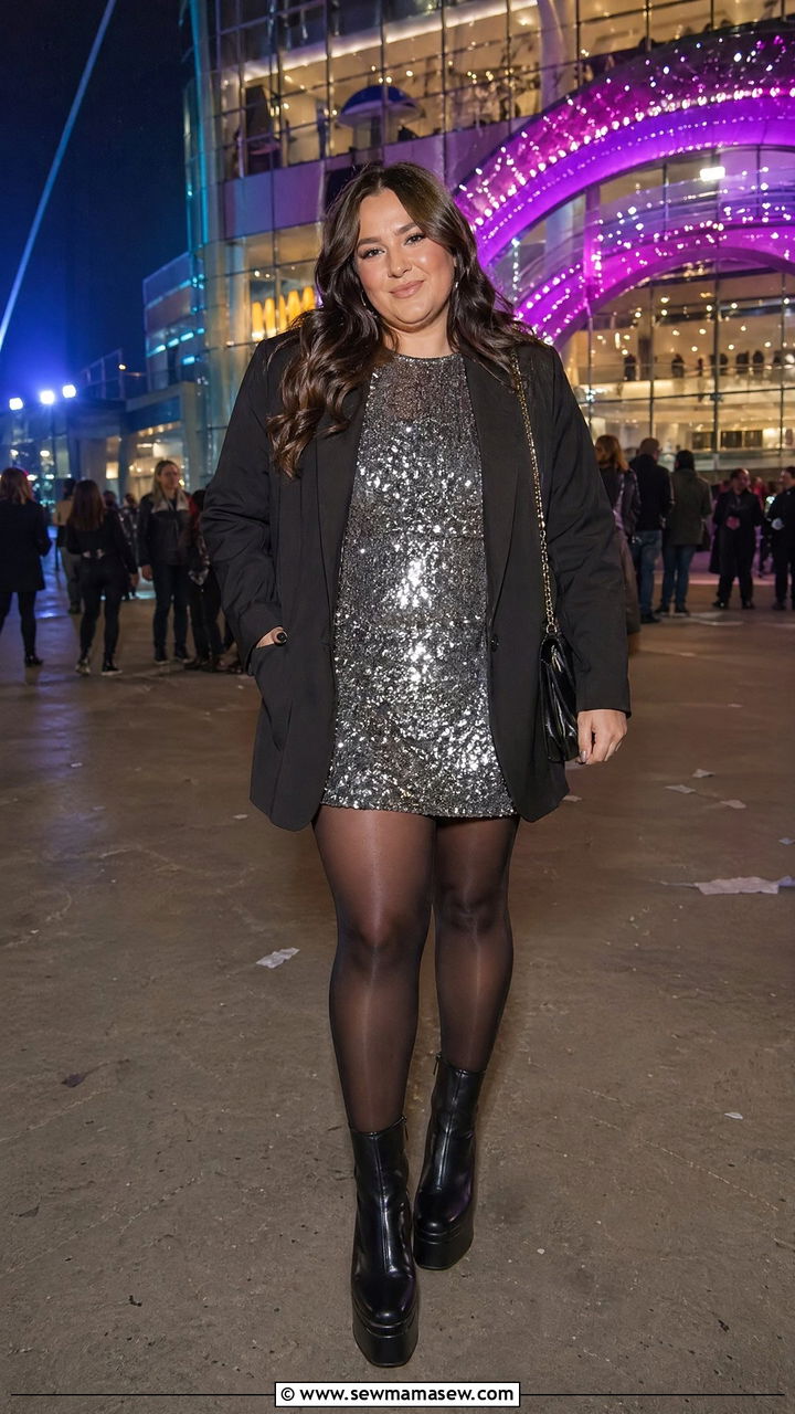 Sequin Mini Dress With Sheer Tights - 35 Concert outfits for midsize women