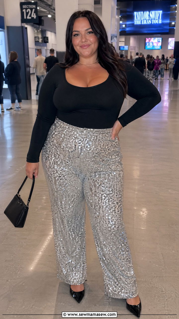 Sequin Pants and Simple Black Top Plus Size Concert Look - 35 Concert outfits for curvy women