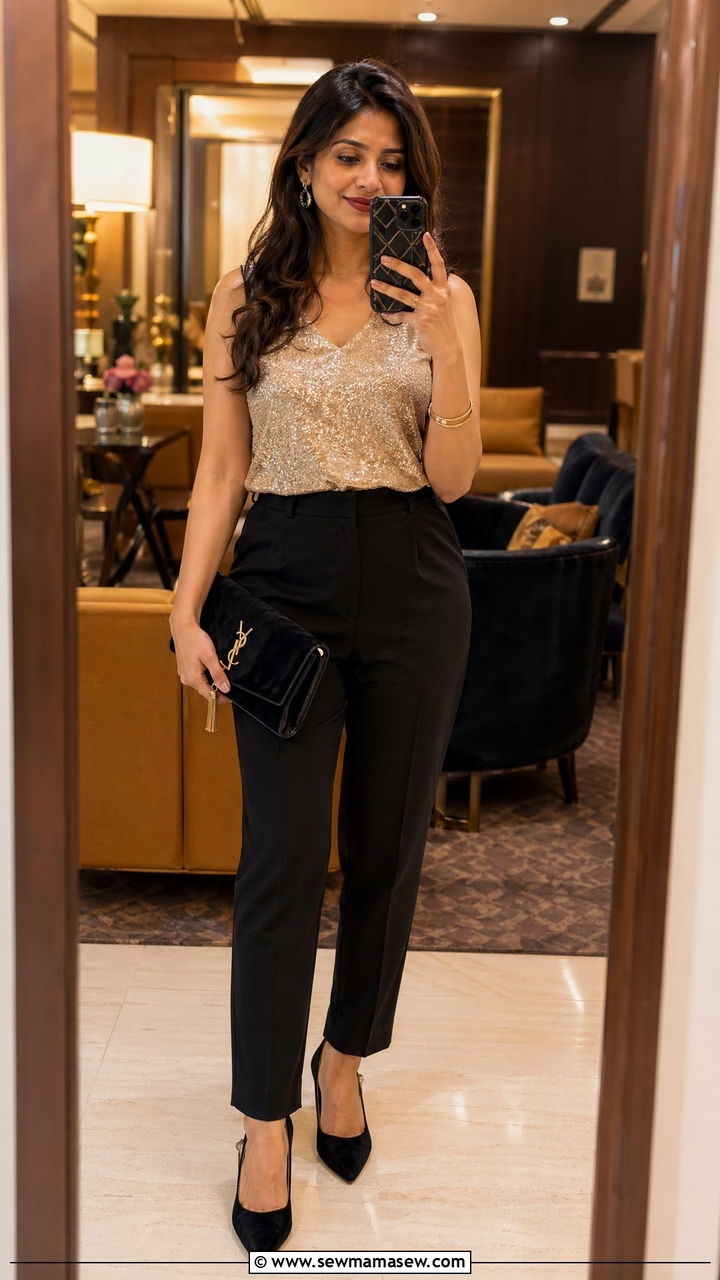 Sequin Top With Black Trousers Outfit - 35 College reunion outfit ideas