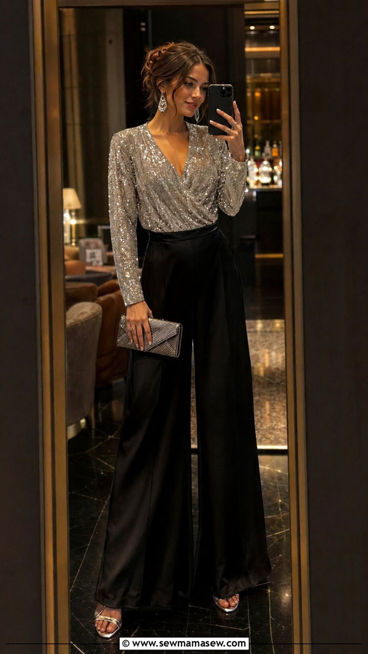 Sequin Top With Palazzo Pants for Evening - 35 palazzo pants outfit ideas for women