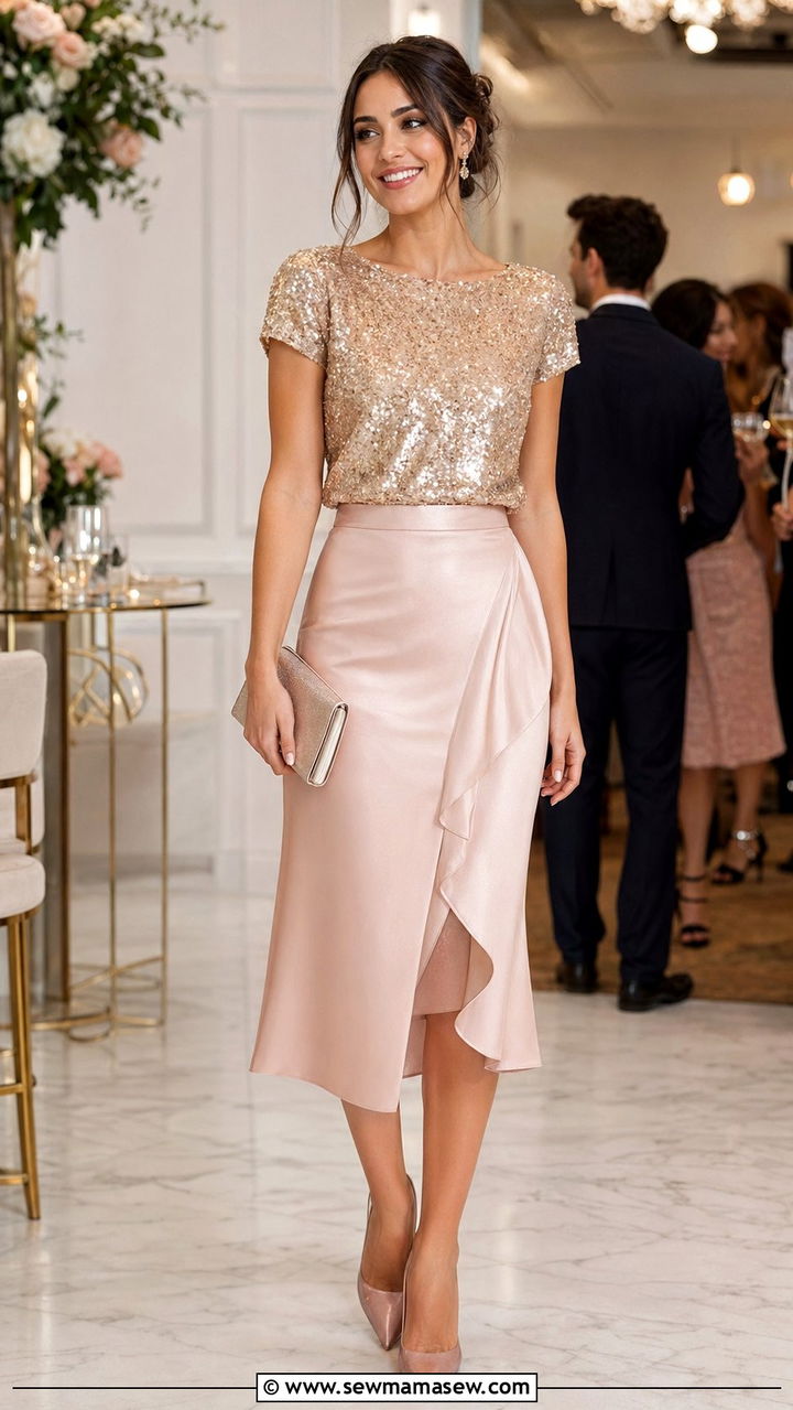 Sequin Top With a Satin Midi Skirt - 30 wedding guest outfits ideas