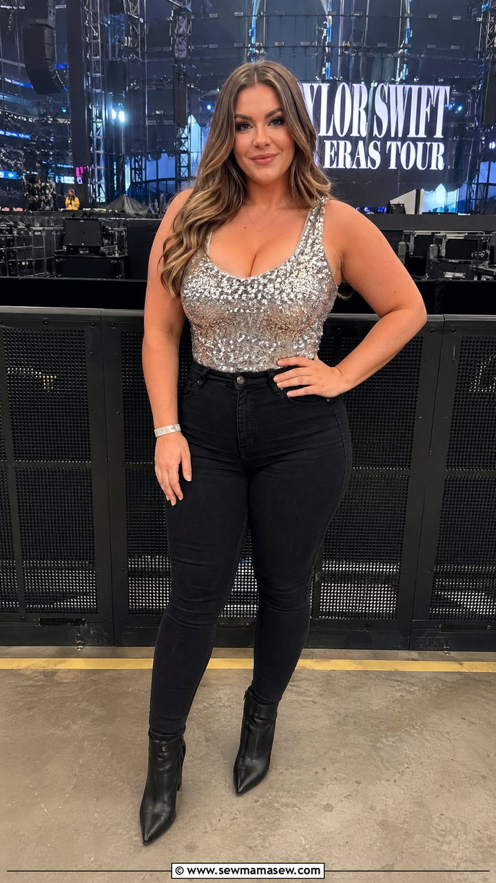 Sequin Top and Black Skinny Jeans Curvy Concert Outfit - 35 Concert outfits for curvy women
