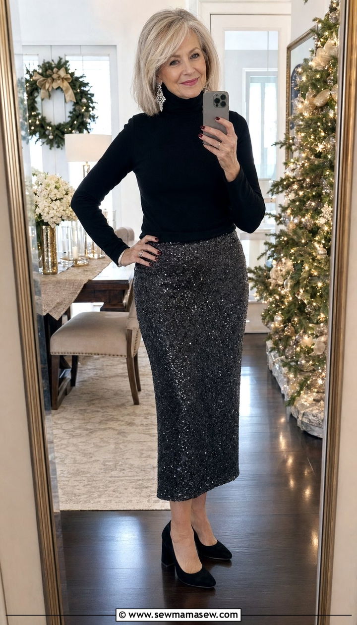 Sequin midi skirt with a simple black turtleneck - 30 Best skirts for women over 60
