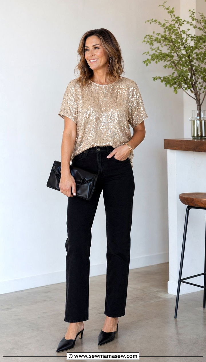 Sequin top and black straight leg jeans outfit - 35 girls night out outfits for women over 40
