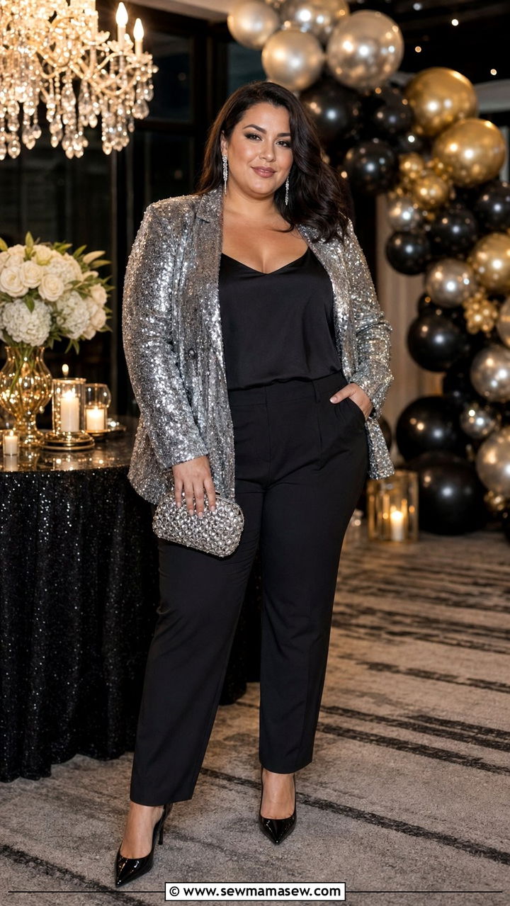 Sequined Blazer With Black Trousers - 30 Birthday outfit ideas plus size