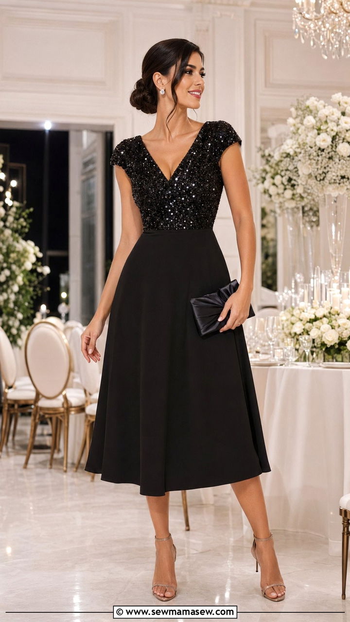 Sequined Bodice Midi Dress Wedding Guest Outfit - 30 Wedding guest outfits for pear shape