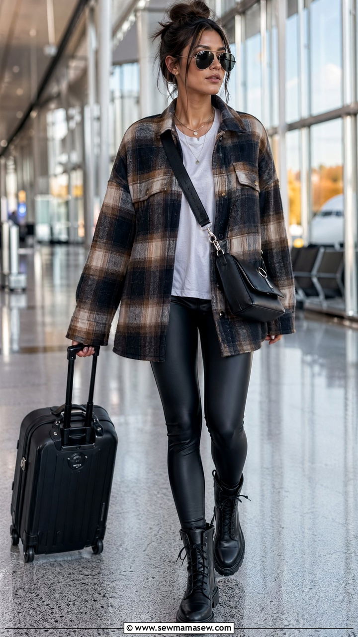 Shacket With Leggings And Combat Boots - 35 Comfortable airport outfits