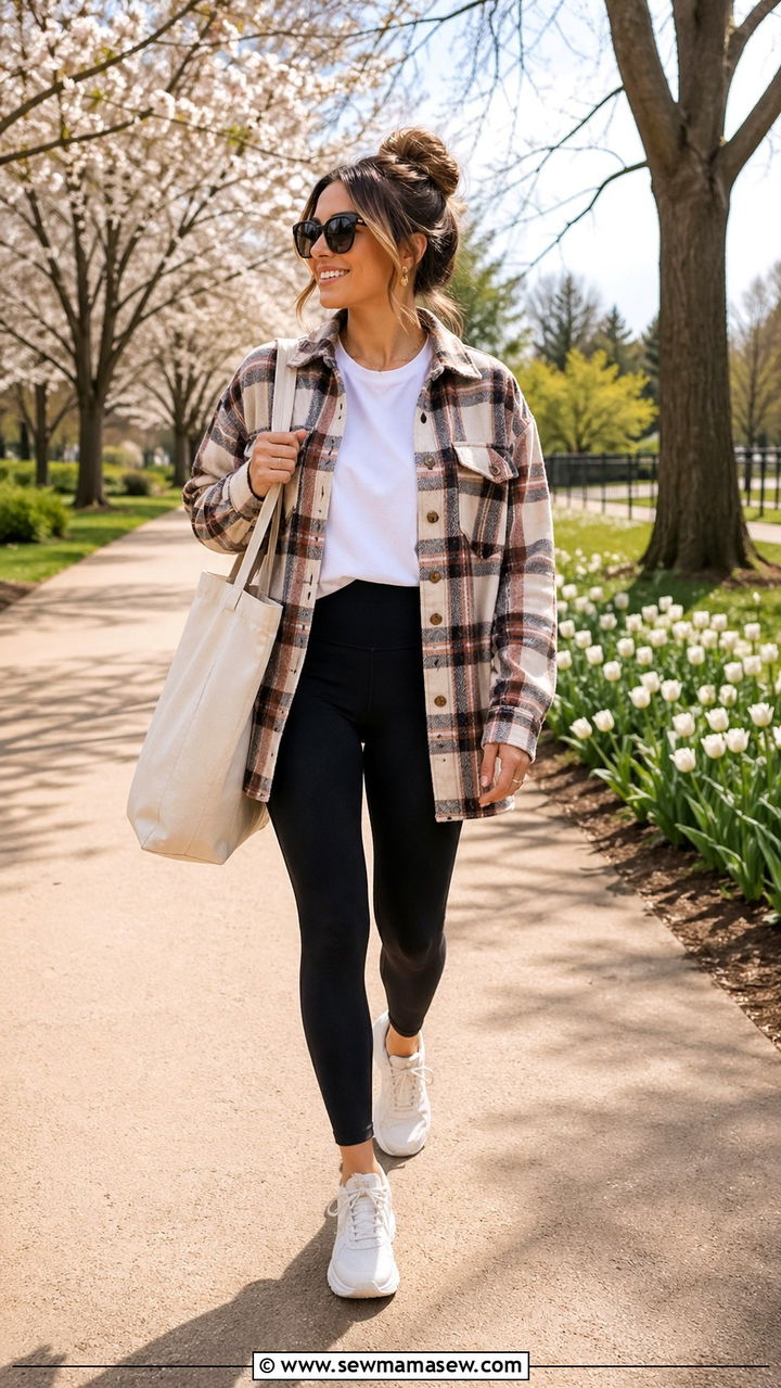 Shacket With White Tee And Leggings - 30 Spring cozy outfit ideas