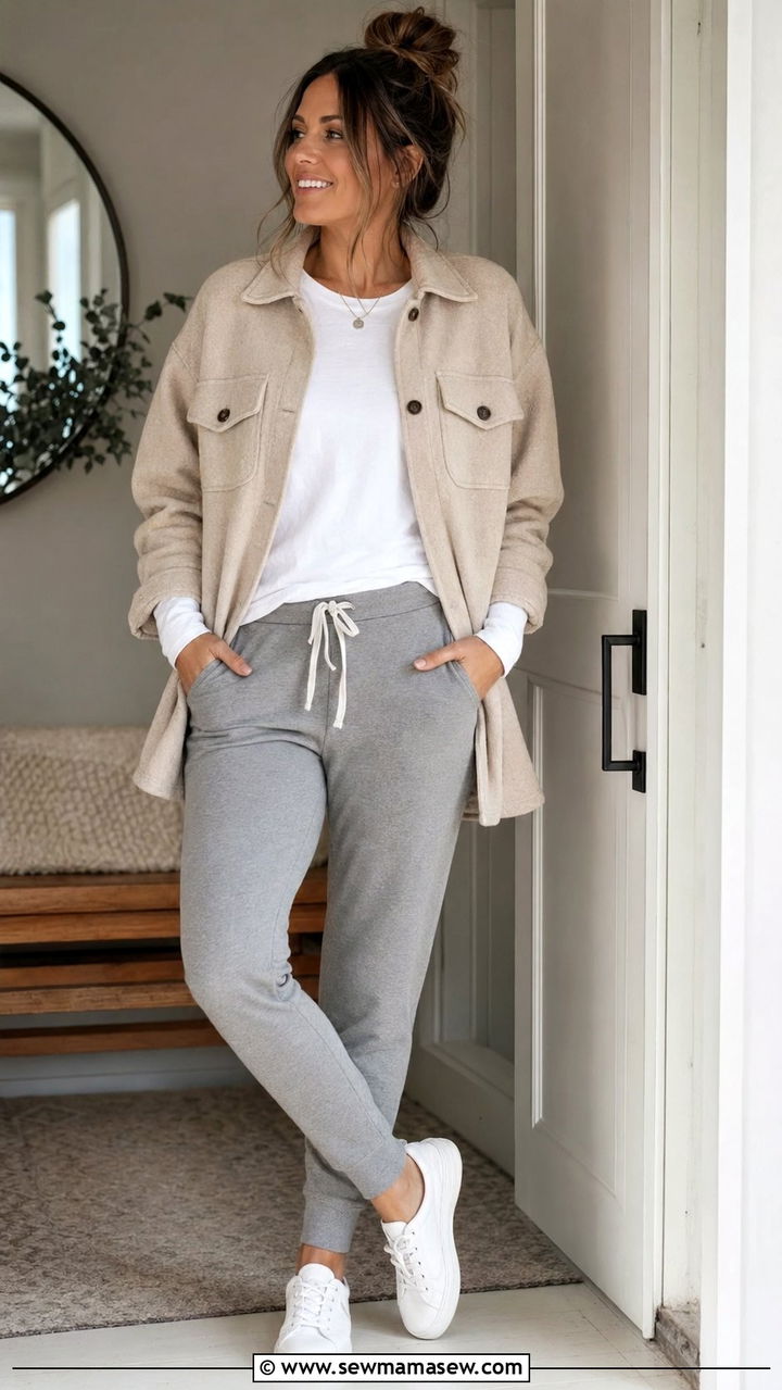 Shacket With a Long Sleeve Tee and Joggers - 30 50 degree weather outfits