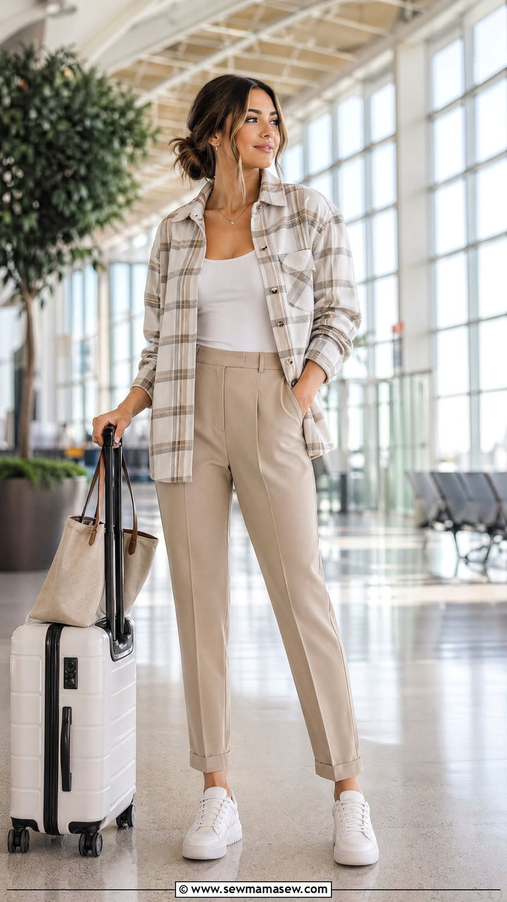 Shacket With a Tank Top and Tailored Trousers - 35 spring airport outfit ideas